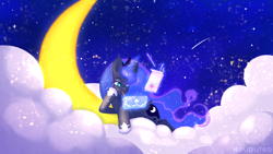 Size: 1920x1080 | Tagged: safe, artist:kouputea, princess luna, alicorn, pony, gamer luna, g4, cloud, crescent moon, female, food, glowing, glowing horn, hoof shoes, horn, magic, mare, moon, mouth hold, pocky, solo, telekinesis