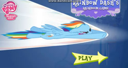 Size: 731x392 | Tagged: safe, rainbow dash, pegasus, pony, g4, bandicam, canterlot, female, game, gritted teeth, mare, multicolored hair, my little pony logo, rainbow hair, sonic rainboom, sound barrier, spread wings, teary eyes, teeth, text, title screen, wings, youtube link