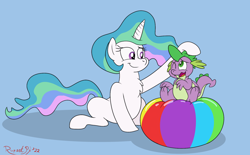 Size: 4006x2482 | Tagged: safe, artist:rupert, princess celestia, spike, alicorn, dragon, pony, g4, affection, ball, beach ball, blue background, celestia day, chest fluff, cute, cutelestia, ethereal mane, female, head pat, head rub, male, mare, missing accessory, momlestia, one eye closed, open mouth, pat, simple background, sitting, sitting on balls, smiling, spikabetes, spikelove, summer, wavy mouth, winged spike, wings