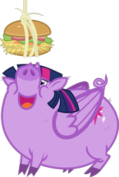Size: 1095x1616 | Tagged: safe, twilight sparkle, alicorn, pig, pony, g4, burger, cloven hooves, cute, dangling, female, folded wings, food, full body, hay burger, horn, looking up, open mouth, pigified, simple background, solo, species swap, transparent background, twilight porkle, twilight sparkle (alicorn), wings