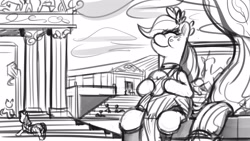 Size: 3840x2161 | Tagged: safe, artist:applephil, applejack, earth pony, pony, g4, ancient greece, clothes, eating, eyes closed, female, grayscale, high res, mare, monochrome, puffy cheeks, sketch, solo focus, toga