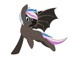 Size: 1800x1440 | Tagged: safe, artist:syntiset, oc, oc only, oc:night star (nightstar), bat pony, pony, bat pony oc, bat wings, ear fluff, ears, eye clipping through hair, fangs, female, flying, full body, looking at each other, looking at someone, looking down, mare, multicolored hair, multicolored mane, multicolored tail, ponybooru collab 2022, raised hoof, raised leg, request, requested art, simple background, smiling, solo, spread wings, tail, teeth, transparent background, two toned hair, two toned mane, two toned tail, wings