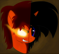 Size: 1406x1274 | Tagged: safe, artist:tr4p3z1um5, edit, oc, oc only, oc:burning holly, pony, unicorn, base used, bust, evil grin, female, frown, glowing, glowing eyes, grin, smiling, solo, two sides