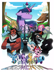 Size: 4236x5672 | Tagged: safe, artist:chub-wub, applejack, cozy glow, fluttershy, king sombra, lord tirek, pinkie pie, pony of shadows, queen chrysalis, rainbow dash, rarity, starlight glimmer, twilight sparkle, alicorn, bat pony, centaur, changeling, changeling queen, earth pony, pegasus, pony, unicorn, taur, g4, g5, my little pony: a new generation, absurd resolution, bat ponified, bracer, cowboy hat, earth pony crystal, equalized, fangs, female, flutterbat, hat, lighthouse, looking down, mane six, maretime bay, nose piercing, nose ring, older, older rainbow dash, older twilight, party cannon, pegasus crystal, piercing, race swap, rainbow power, s5 starlight, song art, tongue out, twilight sparkle (alicorn), unicorn crystal, zephyr heights