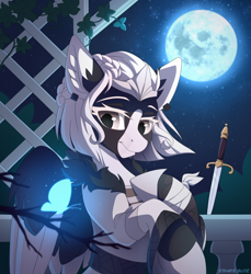 Size: 2036x2225 | Tagged: safe, artist:strafe blitz, oc, oc only, oc:kate braxton, butterfly, pegasus, pony, glowing, high res, looking down, moon, night, pale belly, slender, solo, stars, sword, thin, weapon