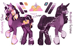 Size: 1280x820 | Tagged: safe, artist:sallyqwest623, oc, oc only, oc:midnight eclipse, oc:morning star, pony, unicorn, coat markings, duo, female, magical lesbian spawn, mare, offspring, parent:tempest shadow, parent:twilight sparkle, parents:tempestlight, reference sheet, siblings, simple background, sisters, socks (coat markings), unshorn fetlocks, white background