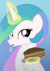Size: 2100x2970 | Tagged: safe, artist:candy meow, princess celestia, alicorn, pony, g4, cake, cake slice, cakelestia, female, folded wings, food, glowing, glowing horn, gradient background, happy, high res, horn, levitation, magic, magic aura, mare, nom, plate, smiling, solo, spoon, telekinesis, wings