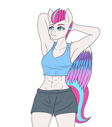 Size: 1500x1700 | Tagged: safe, artist:zachc, zipp storm, pegasus, anthro, g5, abs, arm behind head, armpits, clothes, female, fit, midriff, shorts, simple background, slender, solo, tank top, thin, white background