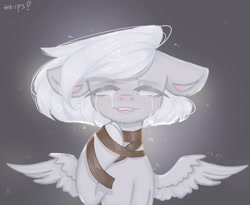 Size: 2560x2101 | Tagged: safe, artist:tttips!, oc, oc only, pegasus, pony, crying, ears back, female, high res, looking at you, mare, pegasus oc, ribbon, short hair, simple background, small wings, smiling, smiling at you, solo, white eyes, white hair, wings