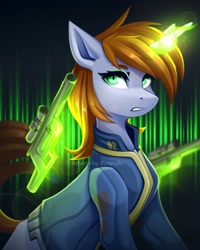 Size: 1728x2160 | Tagged: safe, artist:buvanybu, oc, oc only, oc:littlepip, pony, unicorn, fallout equestria, clothes, female, glowing, glowing horn, gun, handgun, horn, jumpsuit, looking at you, magic, mare, pistol, solo, telekinesis, unicorn oc, vault suit, watermark, weapon