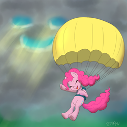 Size: 1000x1000 | Tagged: safe, artist:empyu, pinkie pie, earth pony, pony, g4, cloud, crepuscular rays, eyes closed, open mouth, open smile, parachute, smiley face, smiling, solo
