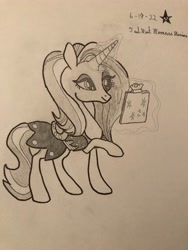 Size: 3024x4032 | Tagged: safe, artist:mlpfantealmintmoonrise, sassy saddles, pony, unicorn, g4, clipboard, clothes, female, mare, pen drawing, pencil drawing, signature, solo, traditional art, unicorn magic