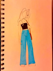 Size: 1536x2048 | Tagged: safe, artist:katputze, oc, oc only, oc:crimson sunset, unicorn, anthro, plantigrade anthro, bare shoulders, choker, clothes, female, hair over one eye, jeans, mare, marker drawing, pants, solo, traditional art