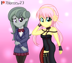 Size: 1413x1231 | Tagged: safe, artist:tabrony23, fluttershy, marble pie, human, equestria girls, g4, bare shoulders, beautiful, boots, breasts, clothes, cosplay, costume, crossover, cute, dress, duo, female, komi can't communicate, looking at you, marble can't communicate, patreon, patreon logo, school uniform, shoes, shoko komi, short hair, show accurate, smiling, smiling at you, spy x family, yor forger, yorshy