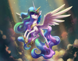 Size: 6379x5010 | Tagged: safe, artist:dawnfire, artist:nadnerbd, princess celestia, alicorn, pony, absurd resolution, beautiful, cloud, collaboration, crepuscular rays, crown, cute, cutelestia, featured image, female, flying, jewelry, looking up, majestic, mare, praise the sun, raised hoof, regalia, sky, slim, solo, spread wings, sunlight, wings