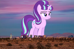 Size: 6000x4000 | Tagged: safe, artist:dashiesparkle edit, artist:thegiantponyfan, edit, starlight glimmer, pony, unicorn, g4, absurd file size, absurd resolution, female, giant pony, giant starlight glimmer, giant unicorn, giantess, highrise ponies, irl, las vegas, lidded eyes, macro, mare, mega giant, nevada, photo, ponies in real life, smiling