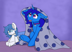 Size: 4040x2928 | Tagged: safe, artist:rokosmith26, oc, oc only, oc:delly, oc:graceful motion, pony, unicorn, blanket, blueberry, cheek fluff, chest fluff, collar, commission, female, floppy ears, food, horn, looking up, mare, pink eyes, plushie, pony plushie, sitting, smiling, solo, unicorn horn, unicorn oc, ych result