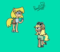 Size: 2041x1785 | Tagged: safe, artist:mysterycorner, earth pony, pony, cellphone, clothes, crossover, dress, ear piercing, earring, eyeshadow, female, glasses, green background, jewelry, leni loud, lori loud, makeup, mare, pants, phone, piercing, ponified, rule 85, shoes, signature, simple background, smartphone, smiling, sunglasses, the loud house