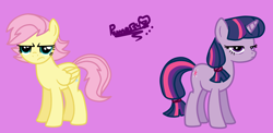 Size: 1612x784 | Tagged: safe, artist:mysterycorner, fluttershy, twilight sparkle, pegasus, pony, unicorn, g4, alternate hairstyle, alternate universe, female, fluttershy is not amused, frown, horn, mare, pink background, signature, simple background, twilight sparkle is not amused, unamused, unicorn twilight, wings