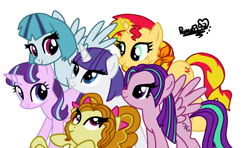 Size: 2384x1408 | Tagged: safe, artist:mysterycorner, adagio dazzle, aria blaze, rarity, sonata dusk, starlight glimmer, sunset shimmer, earth pony, pegasus, pony, unicorn, g4, alternate hairstyle, alternate universe, bandana, bow, hair bow, horn, pigtails, signature, simple background, spread wings, the dazzlings, white background, wings