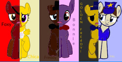 Size: 1024x525 | Tagged: safe, artist:kkrazykkitty, earth pony, pegasus, pony, 1000 hours in ms paint, base used, bib, bonnie (fnaf), bowtie, chica, crossover, deviantart muro, eyepatch, female, five nights at freddy's, foxy, freddy fazbear, golden freddy, hat, male, mare, ponified, raised hoof, sad, security guard, stallion, stars, top hat, unamused, what my cutie mark is telling me, wings
