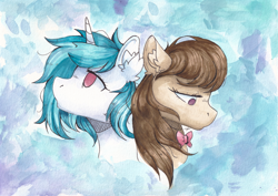 Size: 7015x4960 | Tagged: safe, artist:lightisanasshole, dj pon-3, octavia melody, vinyl scratch, earth pony, pony, unicorn, g4, abstract background, bust, cheek fluff, ear fluff, looking down, looking up, messy mane, reference, sad, traditional art, watercolor painting