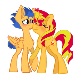 Size: 543x565 | Tagged: safe, artist:decokenite, artist:dollmaker47, flash sentry, sunset shimmer, pony, unicorn, g4, base used, boop, female, holding hooves, male, mare, noseboop, nuzzling, requested art, ship:flashimmer, shipping, simple background, stallion, straight, white background