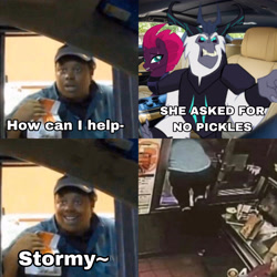 Size: 3464x3464 | Tagged: safe, storm king, tempest shadow, human, yeti, g4, my little pony: the movie, asked for no pickles, car, car interior, drive-through, high res, irl, irl human, mcdonald's, meme, photo, window