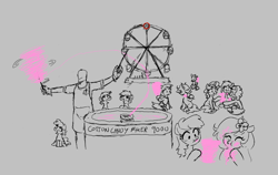 Size: 774x488 | Tagged: safe, artist:kabayo, artist:parfait, oc, oc:anon, oc:kayla, earth pony, human, pony, unicorn, aggie.io, carnival, cotton candy, eating, eyes closed, female, ferris wheel, filly, foal, food, gray background, happy, human male, human oc, male, monochrome, open mouth, ponerpics import, simple background, sitting, smiling