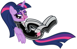 Size: 6551x4168 | Tagged: safe, alternate version, artist:severity-gray, twilight sparkle, alicorn, pony, g4, alternate hairstyle, bodysuit, clothes, collar, eyeshadow, folded wings, gloves, latex, latex gloves, latex socks, latex suit, looking at you, lying down, makeup, on back, ponytail, simple background, socks, solo, transparent background, twilight sparkle (alicorn), wings