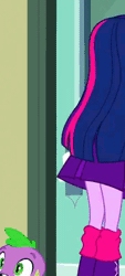 Size: 182x402 | Tagged: safe, screencap, spike, twilight sparkle, dog, human, equestria girls, g4, my little pony equestria girls, animated, backpack, blouse, bowtie, clothes, cropped, gif, legs, skirt, spike the dog, twilight sparkle (alicorn)