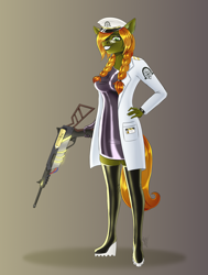 Size: 2644x3500 | Tagged: safe, artist:coffeez, oc, oc:olive greene, earth pony, anthro, plantigrade anthro, boots, clothes, gun, high heel boots, high heels, high res, lab coat, latex, latex boots, latex dress, shoes, solo, weapon, wedge heel