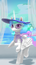 Size: 1080x1920 | Tagged: source needed, safe, artist:xallaanacyoxcyor, princess celestia, alicorn, pony, g4, clothes, female, hat, looking at you, mare, ocean, smiling, solo, sun hat, water