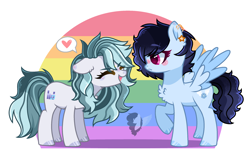 Size: 2190x1330 | Tagged: safe, artist:skyfallfrost, oc, oc only, oc:ivory crescendo, oc:skyfall frost, earth pony, pegasus, pony, female, lesbian, mare, pride flag, pride month, rainbow background, rainbow flag, simple background, transparent background