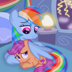 Size: 720x720 | Tagged: safe, artist:mlplary6, rainbow dash, scootaloo, pegasus, pony, g4, bed, female, filly, foal, hug, lamp, lightning, lying down, mare, rain, scootalove, sibling love, siblings, sisters, storm, winghug, wings