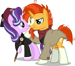 Size: 1508x1323 | Tagged: safe, artist:steampunksalutation, starlight glimmer, sunburst, pony, unicorn, g4, beard, clothes, cosplay, costume, crossover, duo, facial hair, female, fez, glasses, goatee, gravity falls, hat, male, mare, ship:starburst, shipping, simple background, stallion, stanford pines, stanley pines, straight, suit, sweater, transparent background