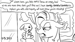 Size: 1200x675 | Tagged: safe, artist:pony-berserker, angel bunny, fluttershy, pegasus, pony, rabbit, pony-berserker's twitter sketches, pony-berserker's twitter sketches (2022), g4, putting your hoof down, 2022, animal, bed hair, female, floppy ears, fluttershy is not amused, implied death, male, mare, out of character, peeved, picture, sketch, threat, threatening, tired, unamused, window