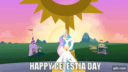 Size: 640x360 | Tagged: safe, edit, edited screencap, editor:quoterific, screencap, princess celestia, alicorn, pony, g4, season 1, the cutie mark chronicles, animated, celestia day, crown, eyes closed, female, flying, gif, gifs.com, impact font, jewelry, mare, nose in the air, regalia, solo, spread wings, text, wings