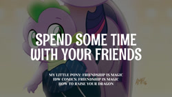 Size: 1280x720 | Tagged: safe, edit, editor:quoterific, idw, spike, twilight sparkle, dragon, pony, unicorn, g4, baby, baby dragon, baby spike, female, how to raise your dragon, male, mare, offscreen character, smiling, solo focus, text, unicorn twilight, younger