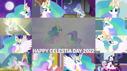 Size: 1280x720 | Tagged: safe, edit, edited screencap, editor:quoterific, screencap, aloe, princess celestia, alicorn, earth pony, pony, a bird in the hoof, a canterlot wedding, between dark and dawn, celestial advice, g4, horse play, keep calm and flutter on, lesson zero, magical mystery cure, make new friends but keep discord, no second prances, princess twilight sparkle (episode), season 1, season 2, season 3, season 4, season 5, season 6, season 7, season 8, season 9, swarm of the century, the return of harmony, ^^, celestia day, crown, cute, cutelestia, duo, eyes closed, female, flying, jewelry, mare, moon, night, punklestia, regalia, smiling, smirk, spread wings, text, wings