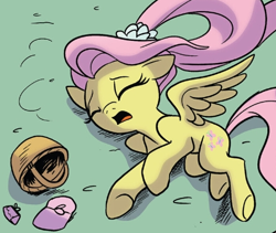 Size: 446x377 | Tagged: safe, idw, fluttershy, pegasus, pony, g4, g5, spoiler:comic, spoiler:g5comic, spoiler:g5comic02, basket, cropped, flashback, lying down, older, older fluttershy, on ground, shadow, solo