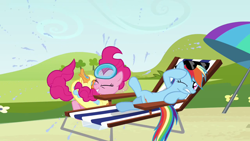 Size: 1280x720 | Tagged: safe, screencap, pinkie pie, rainbow dash, earth pony, pegasus, pony, g4, too many pinkie pies, duo, duo female, eyes closed, female, mare, one eye closed, sunglasses
