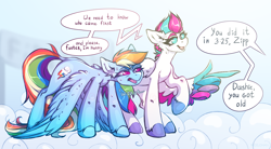 Size: 3912x2154 | Tagged: safe, artist:rico_chan, rainbow dash, zipp storm, pegasus, pony, g5, cloud, dialogue, duo, duo female, ear fluff, engrish, feather fingers, female, high res, mare, offscreen character, on a cloud, panting, pointing, sketch, speech bubble, sweat, wing gesture, wing hands, wings