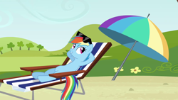 Size: 1280x720 | Tagged: safe, screencap, rainbow dash, pegasus, pony, g4, too many pinkie pies, female, mare, relaxing, sunglasses