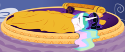 Size: 1169x490 | Tagged: safe, artist:nimaru, artist:taionafan369, princess celestia, oc, oc:nyx, alicorn, pony, fanfic:the chronicles of nyx, series:the chronicles of nyx, g4, alicorn oc, bed, bedroom, blanket, canterlot castle, duo, duo female, fanfic, fanfic art, female, horn, mare, pillow, recolor, sleeping, wings