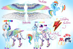 Size: 1280x850 | Tagged: safe, artist:malinraf1615, rainbow dash, soarin', pegasus, pony, g4, alternate design, alternate hairstyle, chest fluff, colored wings, ear fluff, female, grin, heart, jewelry, leg fluff, leonine tail, male, mare, markings, multicolored wings, one eye closed, redesign, reference sheet, ring, ship:soarindash, shipping, smiling, solo focus, stallion, straight, tail, unshorn fetlocks, wedding ring, wings, wink