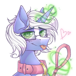 Size: 2900x2900 | Tagged: safe, artist:kreteen art, oc, oc only, oc:passi deeper, pony, unicorn, blushing, bust, coat markings, collar, colored pupils, eyebrows, eyebrows visible through hair, femboy, glasses, glowing, glowing horn, green eyes, heart, heart eyes, high res, horn, levitation, looking at you, magic, magic aura, male, pet play, portrait, simple background, smiling, solo, stallion, telekinesis, tongue out, unicorn oc, watermark, white background, wingding eyes