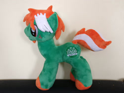 Size: 2828x2121 | Tagged: safe, artist:angelwarrioraurora, oc, oc only, oc:towers, earth pony, pony, galacon, earth pony oc, freckles, high res, irish, irl, logo, mascot, photo, plushie, solo, standing