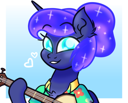 Size: 3780x3060 | Tagged: safe, artist:iceflower99, princess luna, alicorn, pony, g4, alternate hairstyle, banjo, chest fluff, clothes, cute, ear fluff, ethereal mane, female, freckles, hawaiian shirt, heart, high res, looking at you, lunabetes, mare, musical instrument, shirt, smiling, starry mane, t-shirt, tied hair