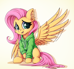 Size: 2772x2601 | Tagged: safe, artist:zeepheru_pone, fluttershy, pegasus, pony, g4, clothes, cute, daaaaaaaaaaaw, ear fluff, female, full body, high res, hoodie, looking at you, mare, open mouth, open smile, shyabetes, simple background, sitting, smiling, smiling at you, solo, tail, waving, weapons-grade cute, wings